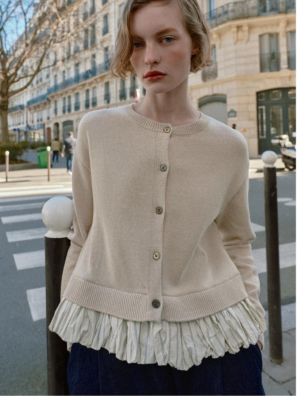 Zara Light Beige Knit Button-Front Cardigan with Ruffle Trim